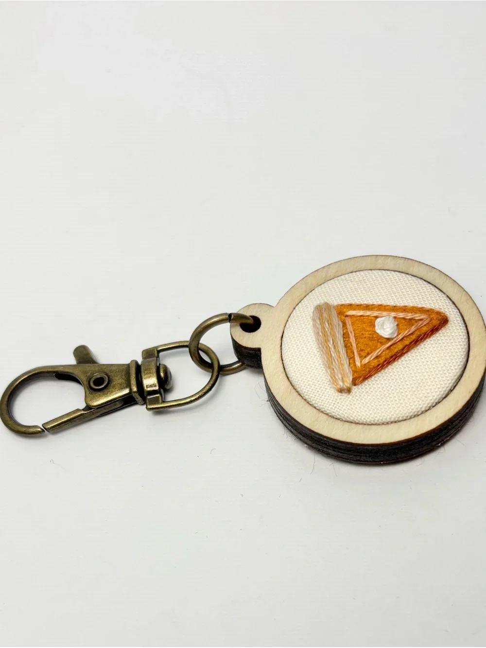 Artisan Handmade Pumpkin Pie Slice Embroidered Felt Keychain Wood Hoop